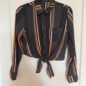 Heart Hips Black Striped Tie-Front Button Down Shirt with Red & Yellow Accents